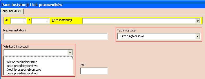 Pole wielkość instytucji zostało wprowadzone do Formularza PEFS 2007 jako doprecyzowanie wielkości przedsiębiorstwa i tylko w przypadku gdy w polu typ instytucji wybrano wartość Przedsiębiorstwo
