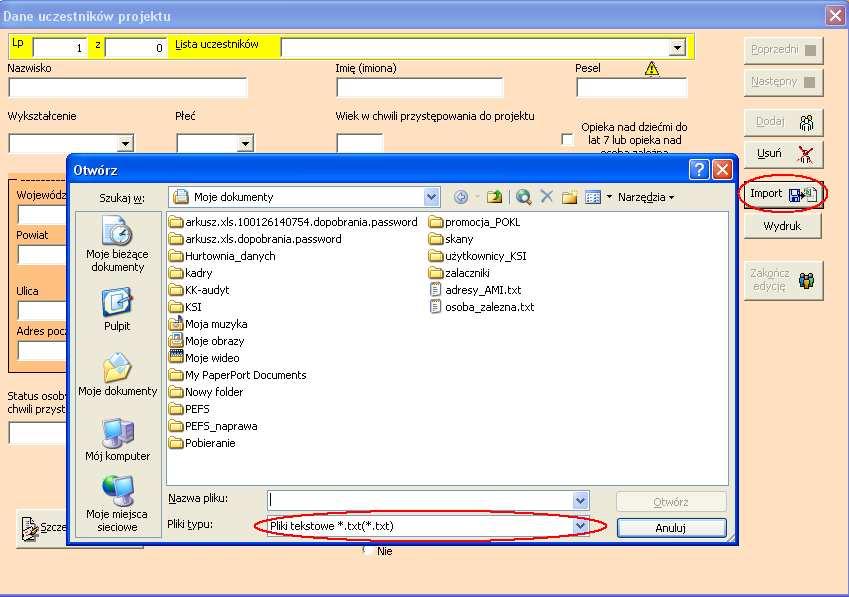 13. Import danych Formularz PEFS 2007 umoŝliwia importowanie danych ze specjalnie przygotowanego pliku tekstowego. Sposób przygotowania takiego pliku opisany został w procedurze pt.