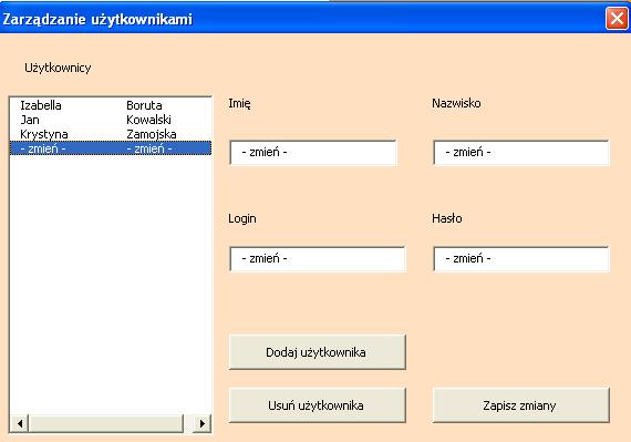 Logowania z wykorzystaniem loginu i hasła administratora powoduje pojawienie się okna umoŝliwiającego zarządzanie uŝytkownikami Formularza PEFS 2007.