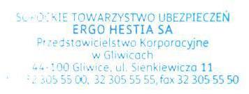 Sopockie Towarzystwo Ubezpieczeń ERGO Hestia SA, 81-731 Sopot, ul. Hestii 1. KRS 0000024812, VIII Wydział Gospodarczy KRS Sądu Rejonowego Gdańsk-Północ w Gdańsku.