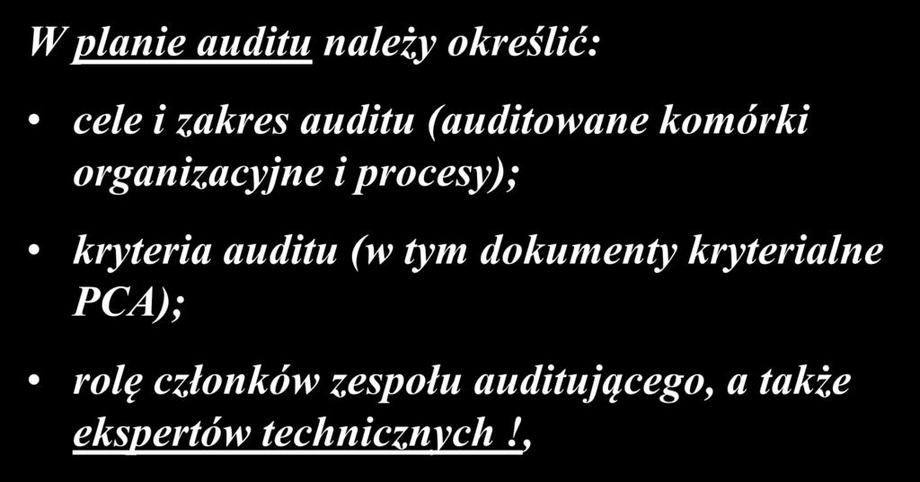 W planie auditu należy określić: cele i zakres auditu (auditowane komórki organizacyjne i procesy); kryteria