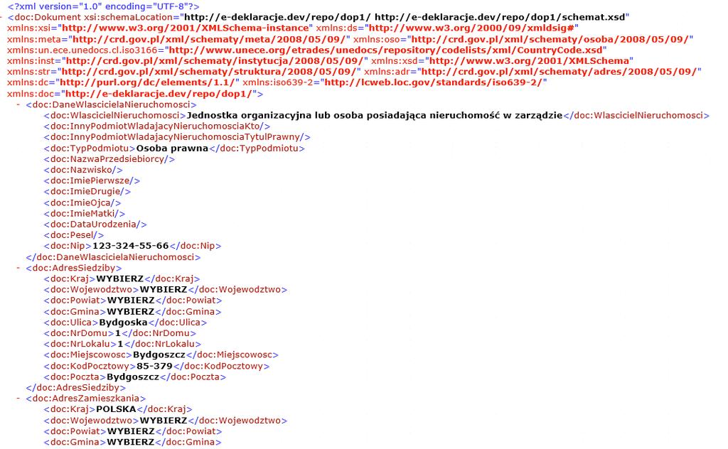 Rysunek 10. Przykładowa zawartość pliku XML. Wykonanie powyższej instrukcji spowoduje zapisanie dokumentu wraz z treścią, która została wprowadzona w formularzu. 1.4.1.1.3 Dane techniczne Interesant może uzyskać informacje techniczne na temat dokumentu i formularza wykorzystywanego do jego utworzenia.