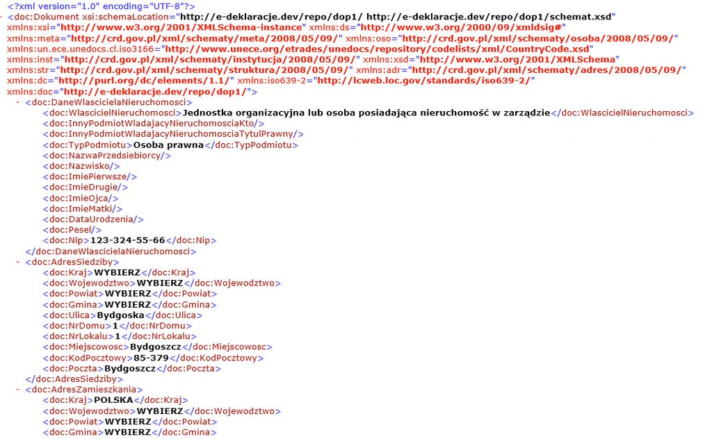 Rysunek 10. Przykładowa zawartość pliku XML. Wykonanie powyższej instrukcji spowoduje zapisanie dokumentu wraz z treścią, która została wprowadzona w formularzu. 1.4.1.1.3 Dane techniczne Interesant może uzyskać informacje techniczne na temat dokumentu i formularza wykorzystywanego do jego utworzenia.