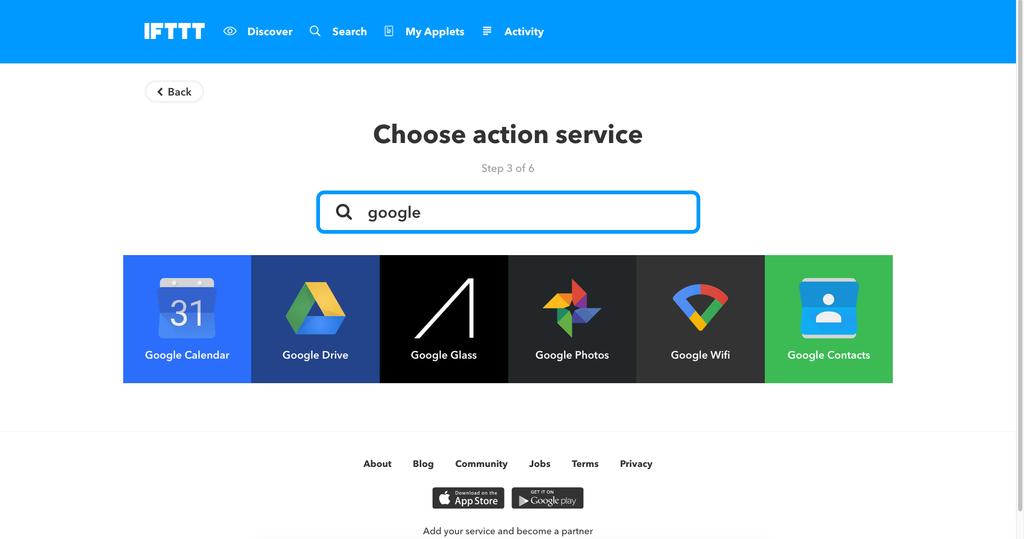 6. W polu wyszukiwania wpisz google. Spośród dostępnych wyników wybierz Google Drive. 7. W kolejnym kroku należy wskazać, aby akcją było dodanie wiersza do arkusza kalkulacyjnego.