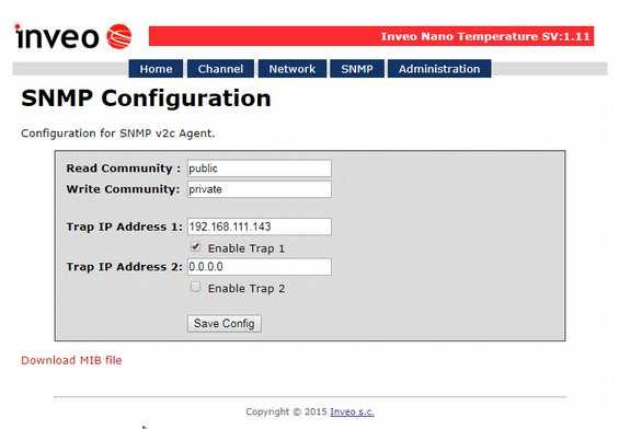 6.7 Konfiguracja SNMP Moduł wyposażony jest w serwer SNMP v2c. Załączenie funkcji jest możliwe w zakładce Administration->Enable SNMP.