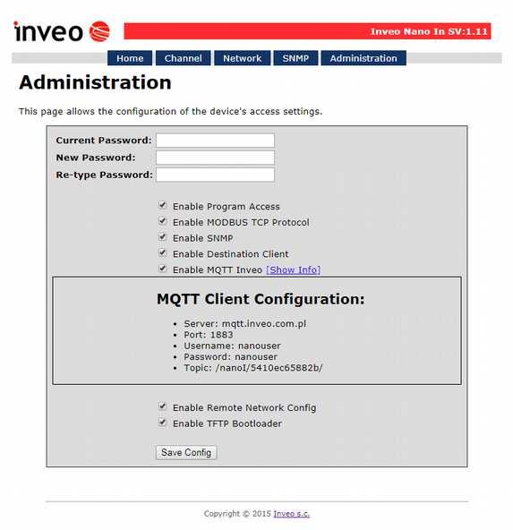 6.11 Komunikacja przez protokół MQTT Inveo. Jeżeli w menu Administration została aktywowana usługa MQTT Inveo to moduł wysyła na serwer mqtt.inveo.com.