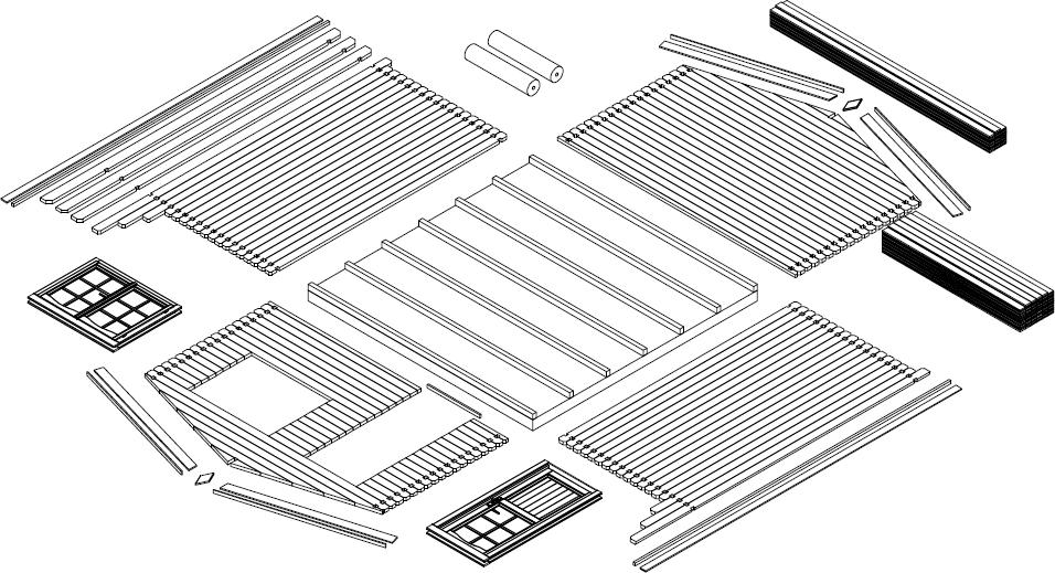 Przygotowanie komponentów: Uporządkuj komponenty wg planów ścian (patrz Specyfikacja techniczna) i umieść je po czterech stronach domku w kolejności wynikającej z planów montażu.