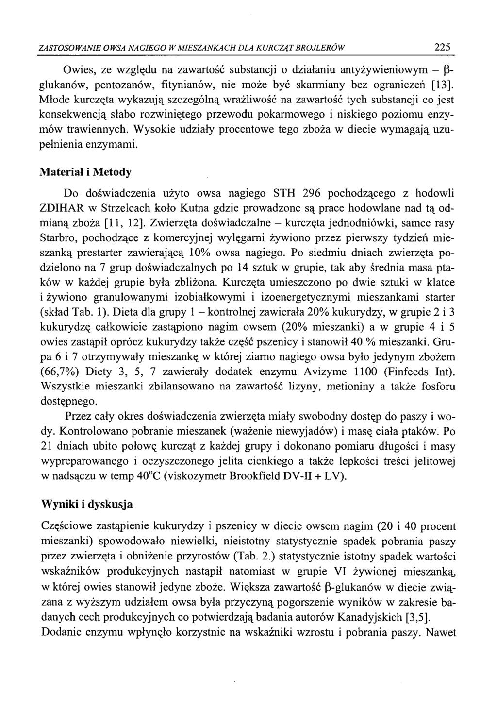 ZASTOSOWANIE OWSA NAGIEGO W MIESZANKACH DLA KURCZĄT BROJLERÓW 225 Owies, ze wzglądu n zwrtość sustncji o dziłniu ntyżywieniowym - β- gluknów, pentoznów, fityninów, nie może yć skrminy ez ogrniczeń