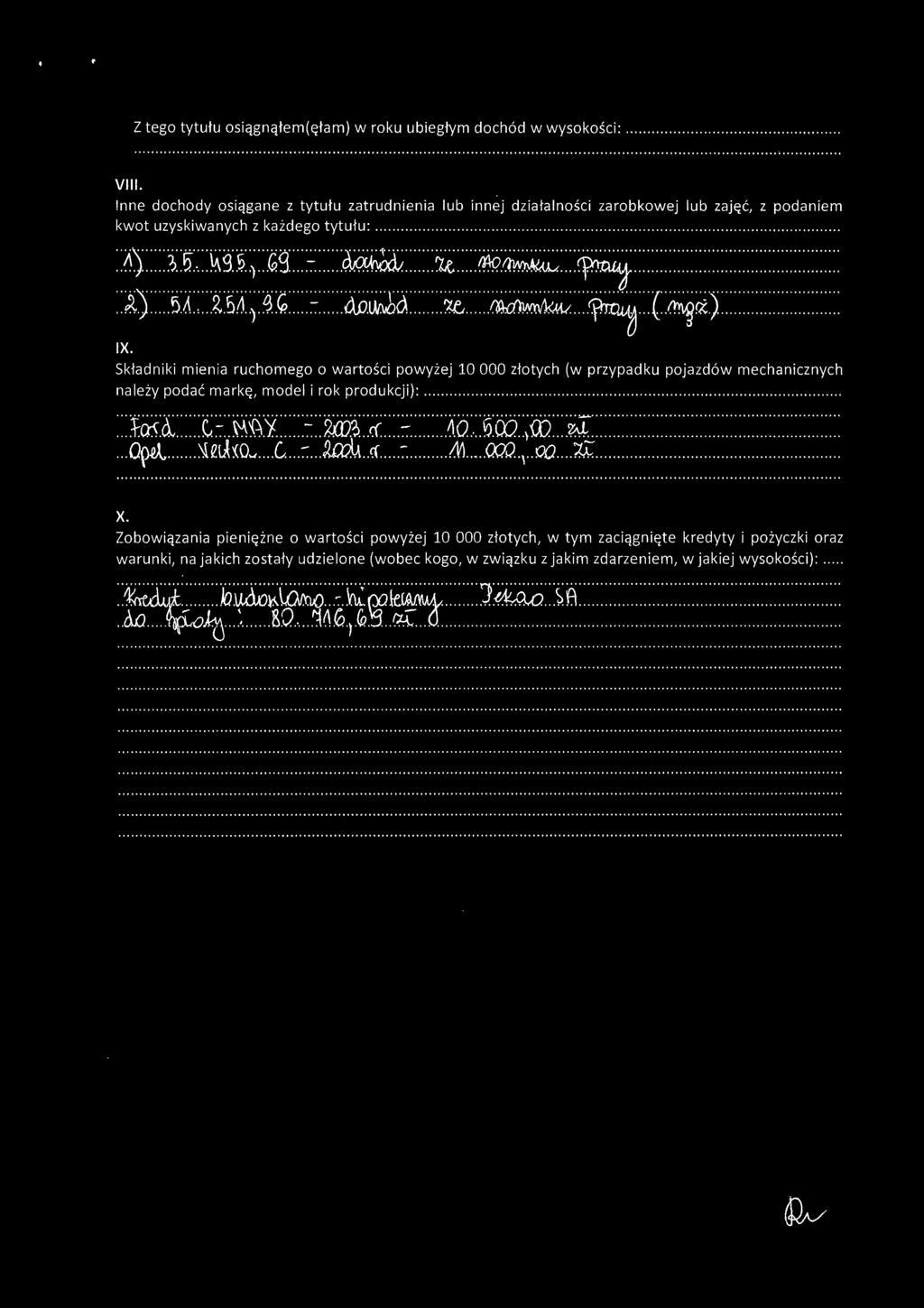........ 5 IX. ") cp llo.lm.oó.... IJŁ... ~... ~... ~~.).... Składniki mienia ruchomego o wartości powyżej 10 OOO złotych (w przypadku pojazdów mechanicznych należy podać markę, model i rok produkcji):.