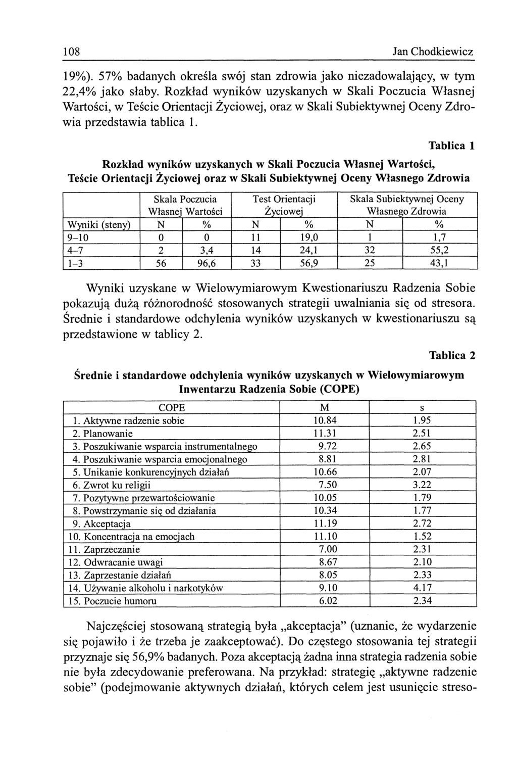 108 Jan Chodkiewicz 19%). 57% badanych określa swój stan zdrowia jako niezadowalający, w tym 22,4% jako słaby.