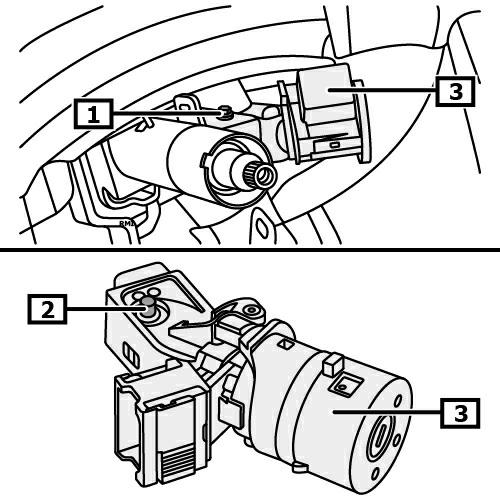(3) (patrz rysunek 5) 1 Elektryczne złącze(-a) wtykowe cewki czytającej immobilizera 2 Blokada cewki czytającej immobilizera 3 Cewka odczytująca immobilizera