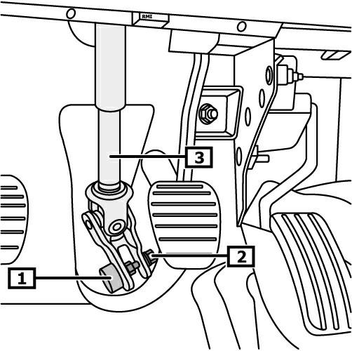 Kontynuacja dla wszystkich pojazdów Rysunek 7 Odchylić wykładzinę podłogową przestrzeni na nogi po stronie kierowcy. Usunąć pierścień oporowy. (1) Wykręcić śrubę(y) - przegubu krzyżowego.