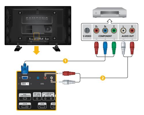 Połączenia Podłączanie odtwarzacza DVD Podłącz kabel RGB do Component do portu [RGB/COMPONENT IN] wyświetlacza LCD i złącz P R, Y, P B odtwarzacza DVD.