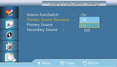 Dost. wyśw. LCD Kiedy opcja Primary Source Recovery jest ustawiona na On, dostępne są wyłącznie źródła Primary Source i Secondary Source. Źródła te są wymienne, wyboru można dokonać w każdej chwili.