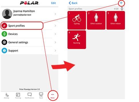 W serwisie internetowym Polar Flow: 1. Kliknij swoją nazwę/zdjęcie profilu w prawym górnym rogu. 2. Wybierz Profile sportowe. 3. Kliknij pozycję Dodaj profil sportowy i wybierz sport z listy. 4.