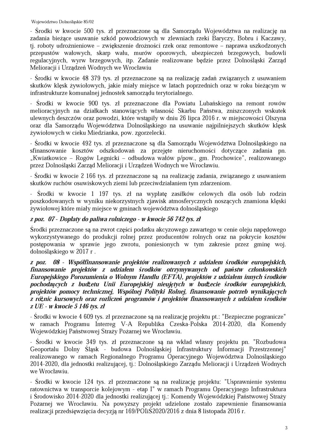 - Środki w kwocie 500 tys. zł przeznaczone są dla Samorządu Województwa na realizację na zadania bieżące usuwanie szkód powodziowych w zlewniach rzeki Baryczy, Bobru i Kaczawy, tj.