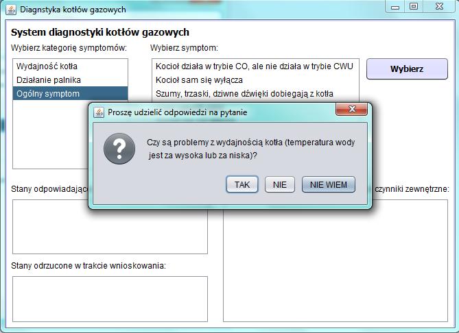 Gdy użytkownik znajdzie symptom, który jest obserwowany w badanym kotle, naciska przycisk Wybierz.