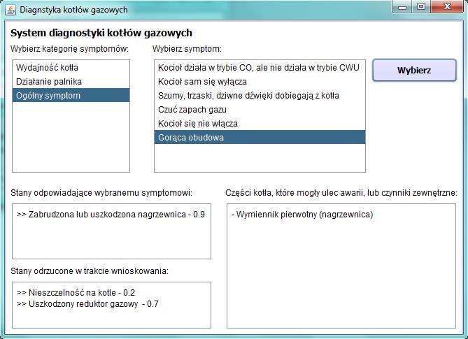 Rysunek 3.13. Przykładowy wynik wnioskowania. Informacja o stanie, w jakim znajduje się kocioł, oraz o częściach, które mogły ulec awarii. Opracowanie własne. Na rysunku 3.7.