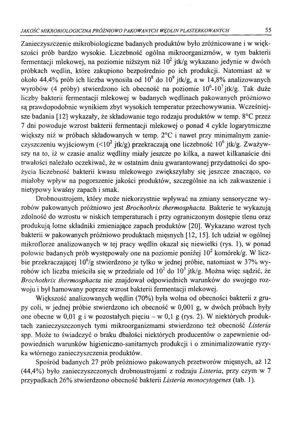 JAKOŚĆ MIKROBIOLOGICZNA PRÓŻNIOWO PAKOWANYCH WĘDLIN PLASTERKOWANYCH 55 Zanieczyszczenie mikrobiologiczne badanych produktów było zróżnicowane i w większości prób bardzo wysokie.