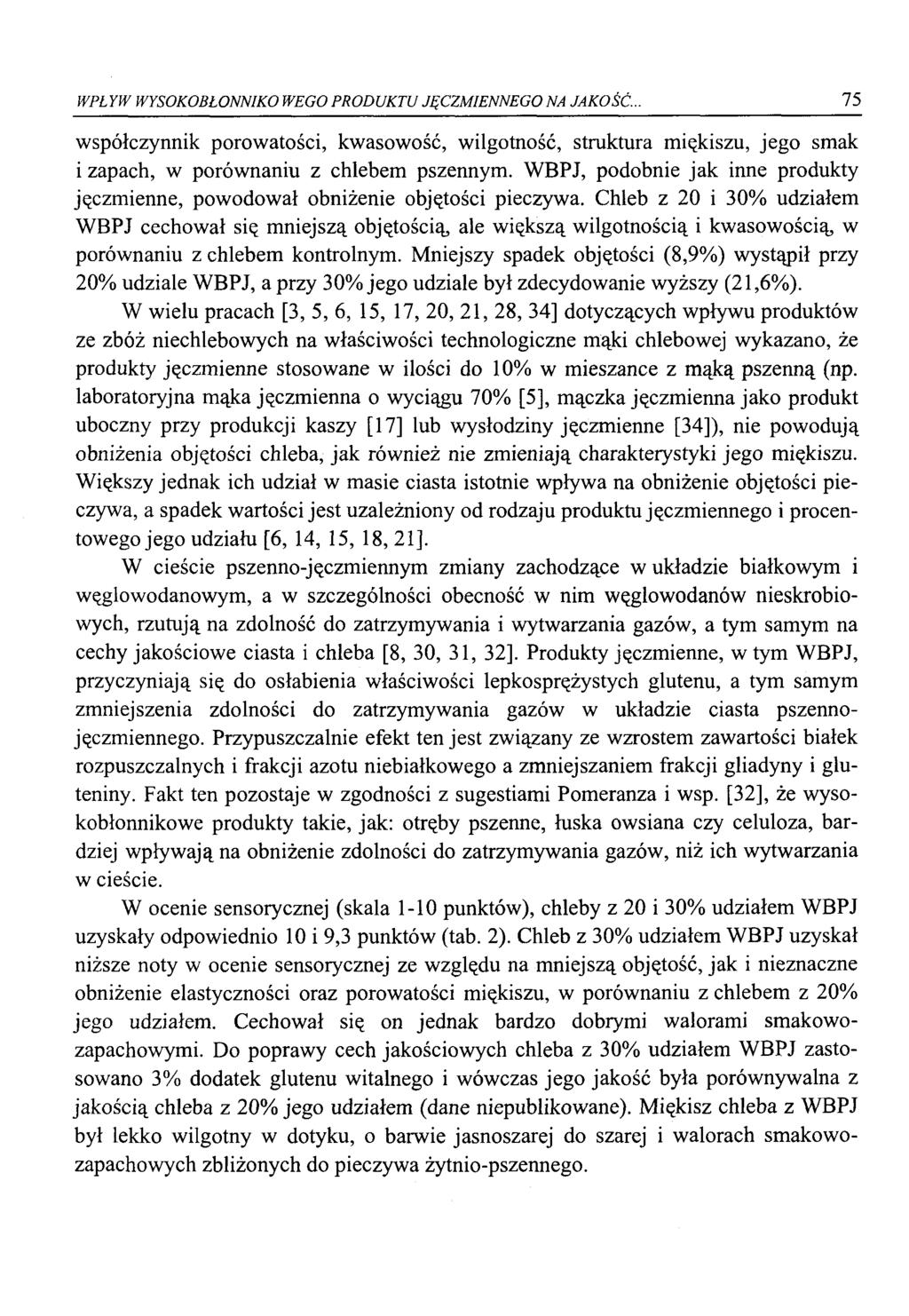 WPŁYW WYSOKOBŁONNIKO WEGO PRODUKTU JĘCZMIENNEGO NA JAKOŚĆ. 75 współczynnik porowatości, kwasowość, wilgotność, struktura miękiszu, jego smak i zapach, w porównaniu z chlebem pszennym.