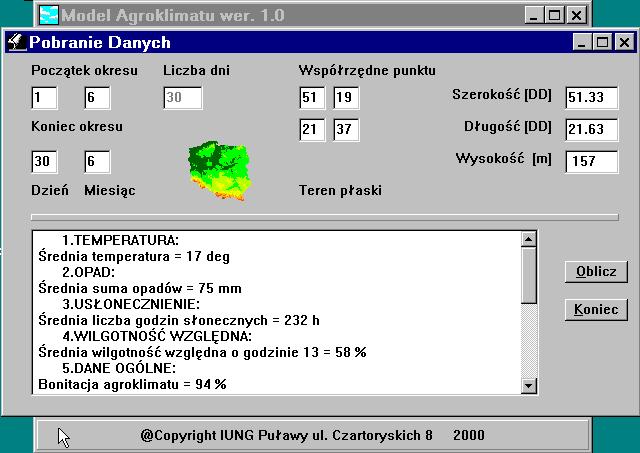Rys. 1. Model Agroklimatu dla danych punktowych. Współrzędne punktu można określić z wyświetlanej przez program mapy Polski, dostępnej po kliknięciu na ikonę.