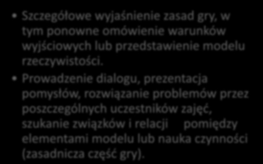 Struktura zajęć prowadzonych metodą gry dydaktycznej (2) Szczegółowe wyjaśnienie zasad gry, w tym ponowne omówienie warunków wyjściowych lub przedstawienie modelu rzeczywistości.