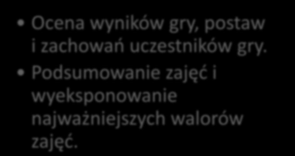 Struktura zajęć prowadzonych metodą gry dydaktycznej (4) Ocena wyników gry, postaw i zachowań