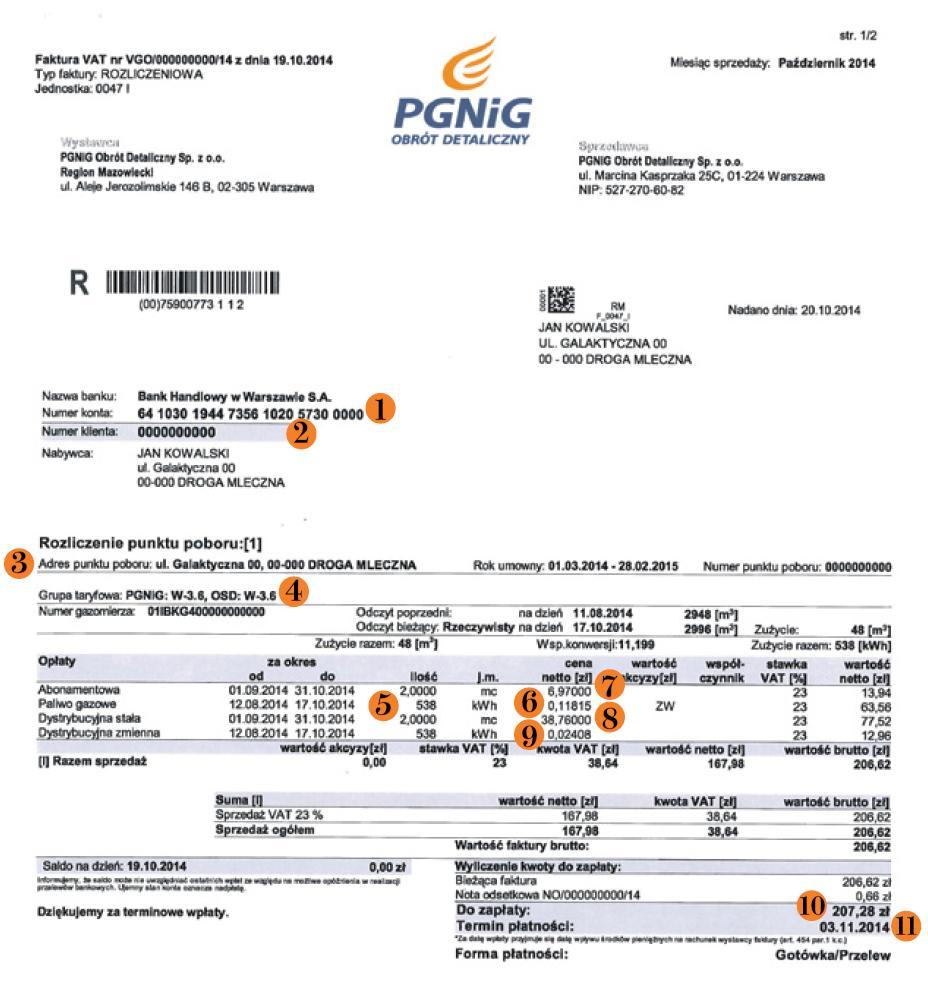 11. Termin płatności: Dzień, do którego należy uiścić opłatę. Proszę pamiętać, że zgodnie z art. 454 par. 1 k.c. za datę wpłaty przyjmuje się datę wpływu środków pieniężnych na rachunek wystawcy faktury.