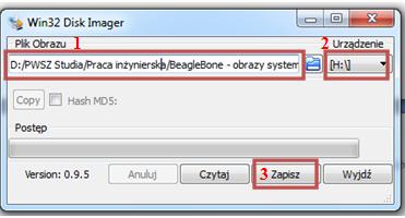zdekompresowanego obrazu systemu operacyjnego na karcie microsd w postaci binarnej. Aby zapisać system na karcie należy: 1. wybrać obraz pliku, który ma zostać wgrany na kartę (Rys. 1.1 pkt. 1). 2.