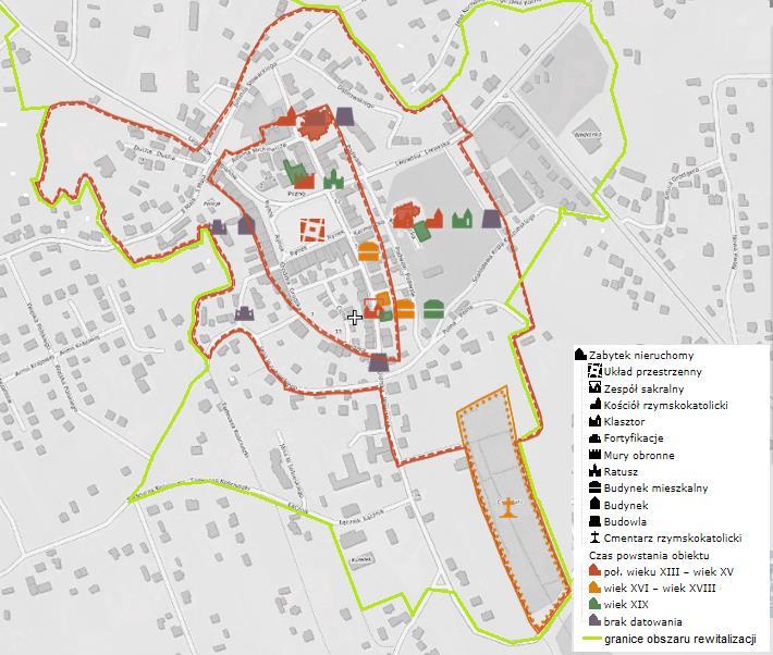 Mapa 4 Lokalizacja zabytków nieruchomych na obszarze rewitalizacji na terenie Gminy Pilzno Źródło: Opracowanie własne na podstawie mapy.zabytek.gov.