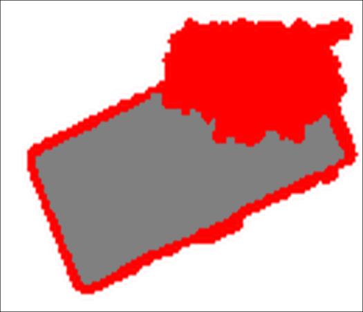 Rys. 4.27. Wynik klasyfikacji CTA dla próbki testowej nr 3 (kolory: szary budynek, czerwony roślinność, biały powierzchnia terenu) 4.