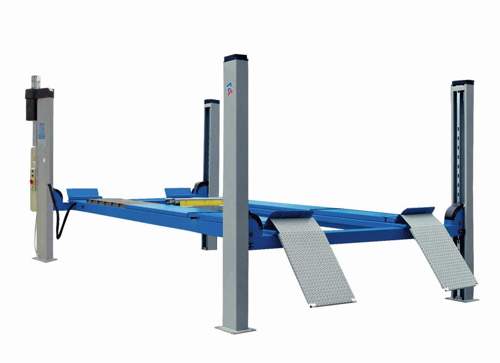 PODNOŚNIKI PODNOŚNIK 4-KOLUMNOWY Podnośniki elektrohydrauliczne pod geometrię Platformy z wybraniami pod obrotnice i płytami rozprężnymi Mechaniczna blokada wysokości (co 100 mm) zwalniana