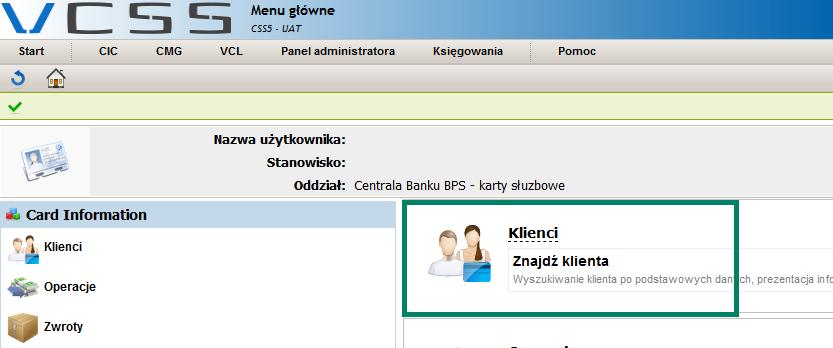 Po zalogowaniu ukaże się ekran powitalny, zawierający różne moduły, w których realizowane są dyspozycje kartowe to Card Information (CIC) i Card
