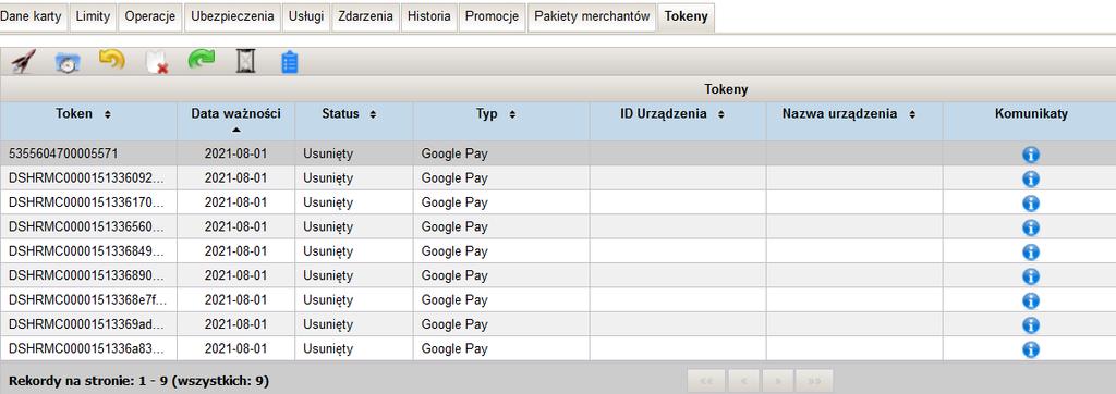 Aby zarządzać tokenami (aktywować token, zawiesić token, odblokować token z poziomu Visiona CIC, należy posługiwać się ikonami w drugim rzędzie wskazanymi na Rysunku 16.1 poniżej. Rysunek 16.1 I.