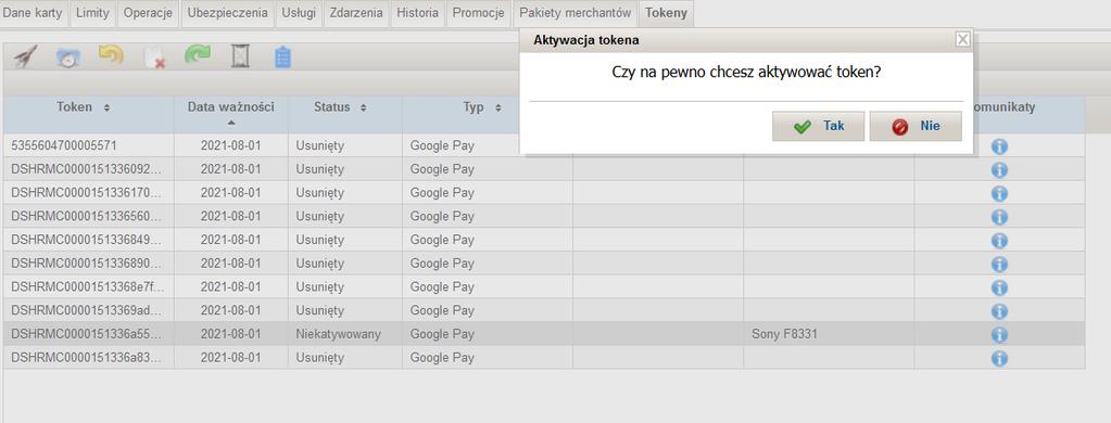 II. AKTYWACJA Pracownik naciska na rekord tokena do aktywacji, oraz przycisk Rakiety w celu