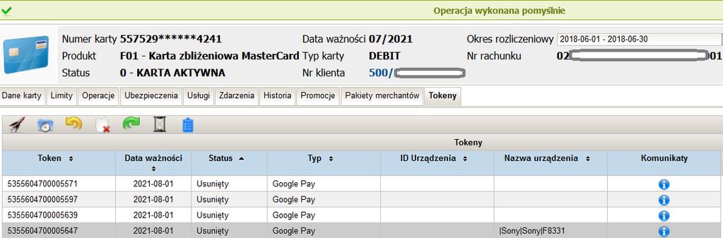 Rysunek 16.12 oraz zatwierdza wybór (Czy na pewno chcesz usunąć token? TAK). Rysunek 16.13 Pojawia się komunikat Sukcesu, Token został usunięty.