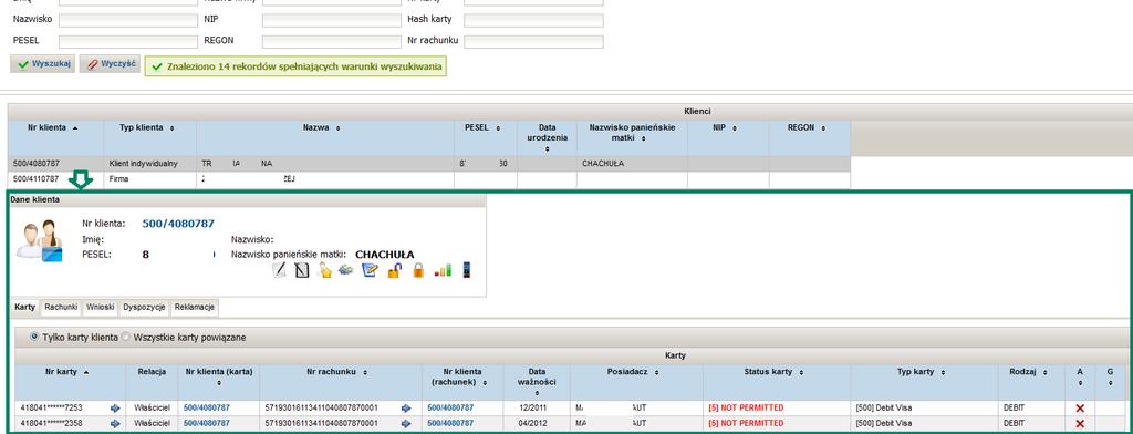 Po zaznaczeniu wybranego Klienta uzyskasz szczegółowy dostęp do danych, które zostały pogrupowane w