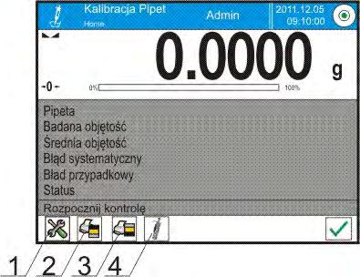 wydruki raportów z kalibracji pipet, eksport raportów z badań. Podczas procedury wyznacza się błąd dokładności i błąd powtarzalności dla badanej objętości.