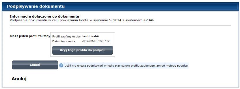 Wybierz profil, który ma być użyty do podpisu.