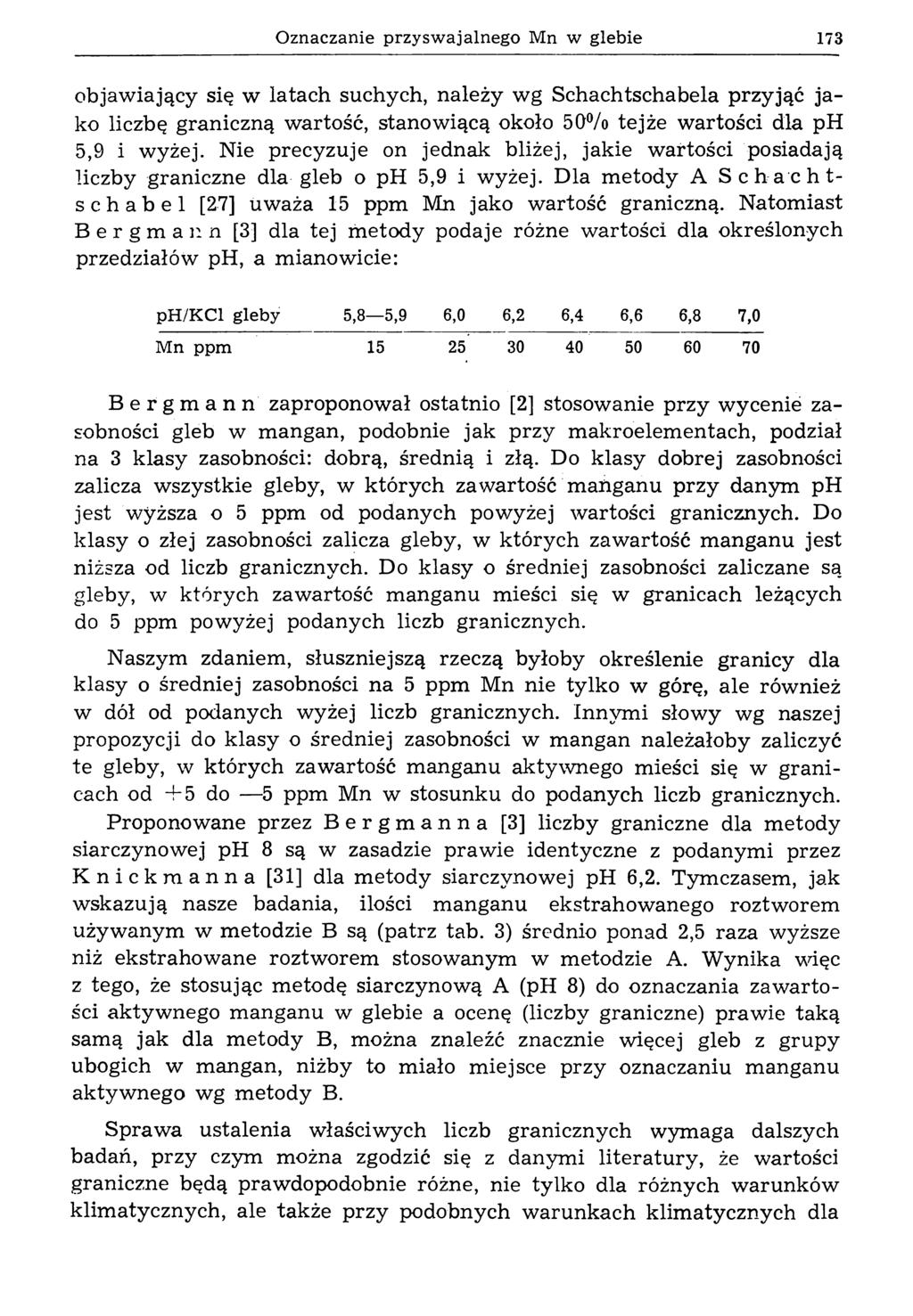 Oznaczanie przysw ajalnego Mn w glebie 173 objawiający się w latach suchych, należy wg Schachtschabela przyjąć jako liczbę graniczną wartość, stanowiącą około 50% tejże wartości dla ph 5,9 i wyżej.