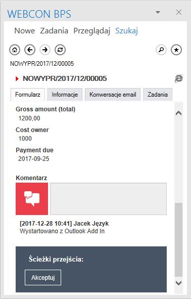 3.5. Dodatek Outlook 3.5.1. Zapobieganie przypadkowemu powielaniu załączników typu e-mail Zmianie uległ sposób identyfikowania wiadomości e-mail dodawanych jako załącznik do elementu obiegu.