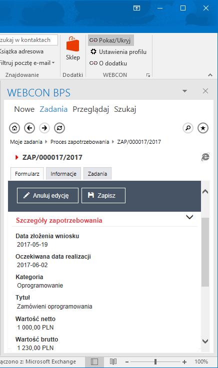 3.5.3. Edycja i zapis danych formularza w dodatku Outlook Dodatek dla Outlook pozwalający na bezpośrednią pracę w WEBCON BPS z poziomu skrzynki pocztowej, został rozbudowany o możliwość pełnej edycji