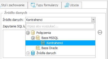 Dodatkową opcją jest możliwość skorzystania z Połączenia jako uniwersalnego źródła danych dla atrybutów zasilanych źródłem SQL (np. Pole wyboru, Wykres, Tabela SQL).