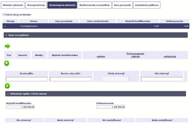 7.1. Tworzenie i przesłanie harmonogramu Aby rozpocząć tworzenie harmonogramu, wybierz funkcję Przygotuj harmonogram Po wyborze tej funkcji system inicjuje tabelę w sekcji Dane szczegółowe widoczną w