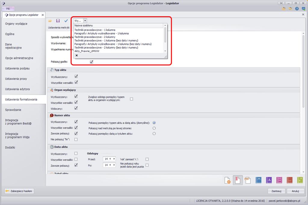 Domyślnie ustawiony jest szablon formatowania wg technik prawodawczych.