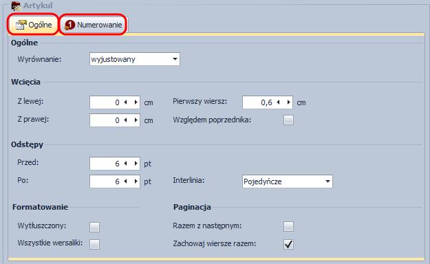 8) Wielka litera 9) Cyfra rzymska Każda z nich posiada takie same opcje, które podzielone zostały na dwie zakładki.