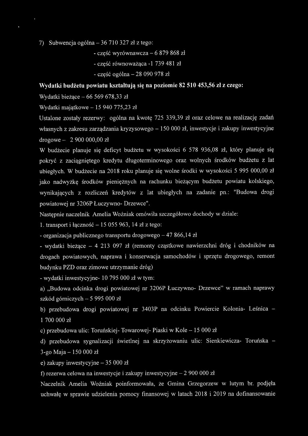 zarządzania kryzysowego - 150 000 zł, inwestycje i zakupy inwestycyjne drogowe - 2900000,00 zł W budżecie planuje się deficyt budżetu w wysokości 6 578 936,08 zł, który planuje się pokryć z