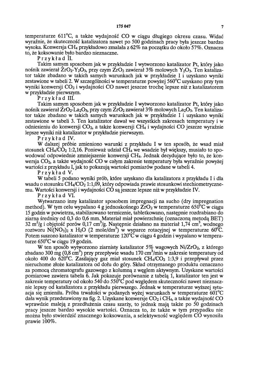 175 047 7 temperaturze 611 C, a także wydajność CO w ciągu długiego okresu czasu. Widać wyraźnie, że skuteczność katalizatora nawet po 500 godzinach pracy była jeszcze bardzo wysoka.
