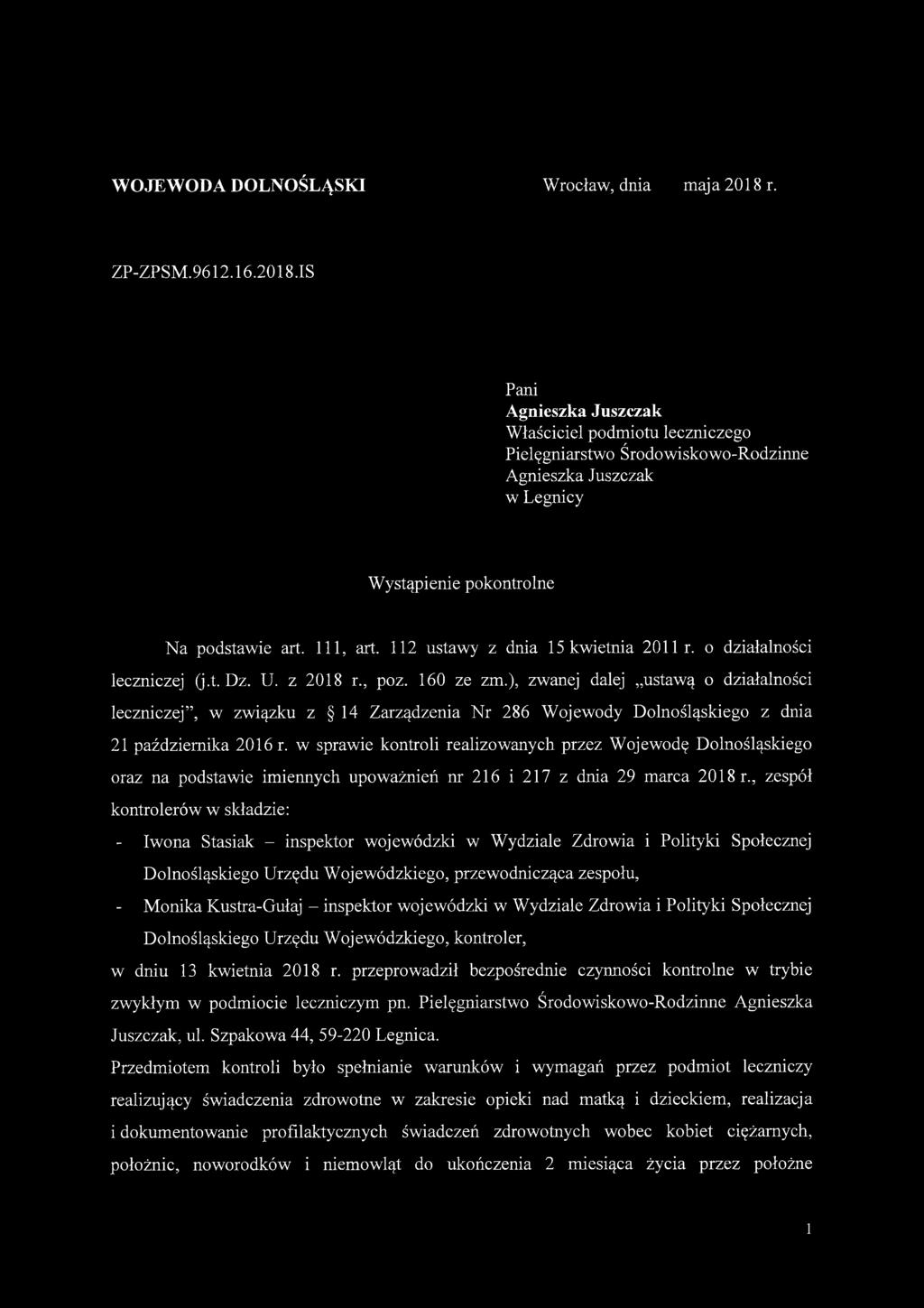 112 ustawy z dnia 15 kwietnia 2011 r. o działalności leczniczej (j.t. Dz. U. z 2018 r., poz. 160 ze zm.