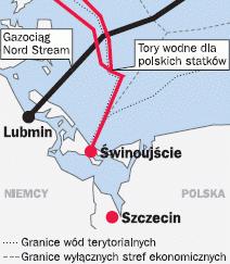 Rys. 5. Przebieg gazociągu oraz tory podejściowe do portu w Świnoujściu Źródło: http://bi.gazeta.pl/, dostęp 27.02.2011.